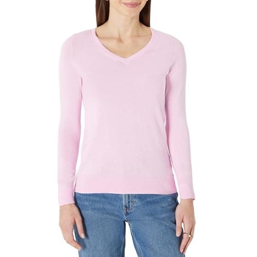 Image of Amazon Essentials Women's Regular-Fit Lightweight V-Neck Long-Sleeve Jumper (Available in Plus Size), Pale Pink, L