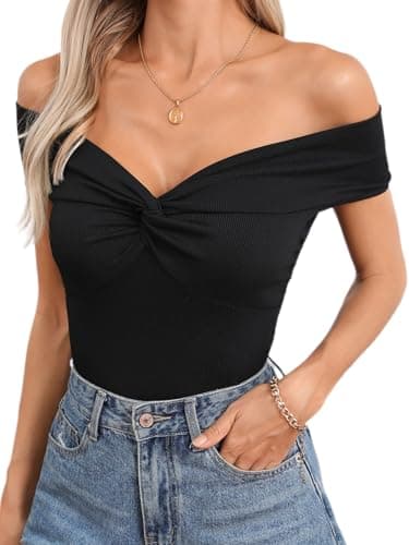 Image of GORGLITTER Women's Off Shoulder Twist Front Top T Shirt Rib Knit Short Sleeve V Neck Skinny Sexy Tee Cinched Tops Black Medium
