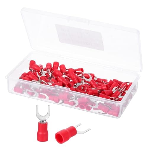 Image of sourcing map Insulated Fork Spade Connectors, 16-14AWG SV2-5 U-Type Tinned Copper Waterproof Fork Crimp terminals Connectors for Industrial Electrical Marine Wiring, Pack of 100 (Red)