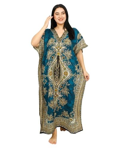 Image of SHYAMVUN Kaftan for Women | Kaftan Dresses Full Length Maxi Dress Free Size | Kimono Style Caftan Tunic for Beach, Holiday, Party, Nightwear & Loungewear | Lightweight Relaxed Fit (Teal)