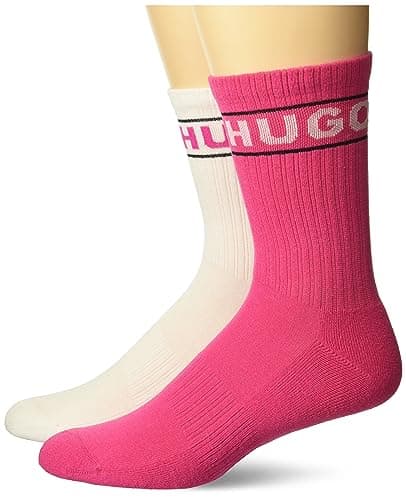 Image of HUGO Men's 2-Pack Line Logo Ribbed Socks, White/Hot Pink, 3-9