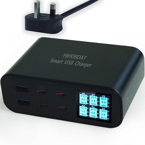Image of HIHOBDAY 160W 6-Port GaN Charging Station, USB C Fast Charger Plug with Display, Compatible with iPhone MacBook Samsung Huawei Series and More, Black
