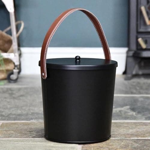 Image of Modern Black with Leather Handle Ash Bucket – Heavy Duty Coal Scuttle & Log Bucket – Rustic Metal Fireplace Storage Container for Wood, Kindling & Ash – Fireside Accessory