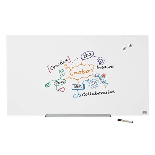 Image of Nobo Glass Magnetic Whiteboard with Removable Pen Tray, 1000 x 560 mm, InvisaMount Mounting System, Impression Pro, Brilliant White, 1905176