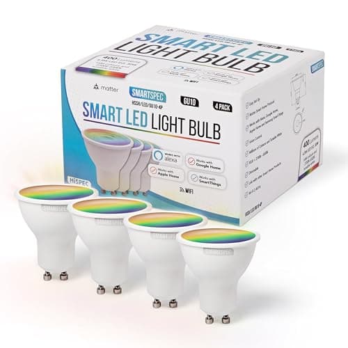 Image of SMARTSPEC Smart Bulb 4 Pack, Smart WiFi LED Light. Works with Amazon Alexa, Google Home, Apple Home. Colour Changeable. Multicolour Smart Light Bulb ACK Matter GU10