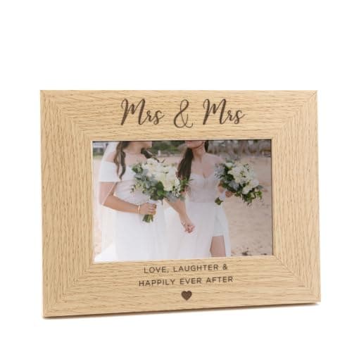 Image of 'Love Laughter And Happily Ever After' Engraved Wedding Photo Frame | Mrs And Mrs | For Gay Couple | Lesbian Wedding Anniversary | 7x5" Landscape Photo Frame