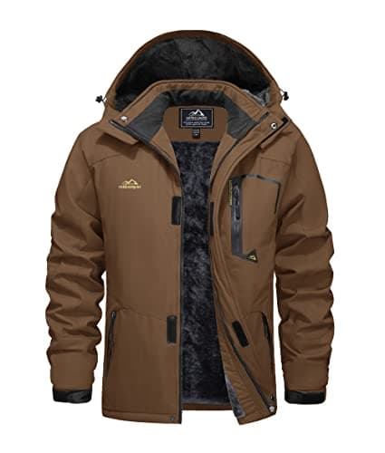 Image of EKLENTSON Mens Waterproof Fleece Lined Jacket Skiing Winter Windproof Coat Hooded Outdoor Fishing Mountain Hiking Jacket Multi-Pockets Coffee,S