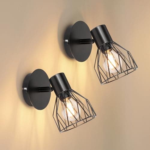 Image of Dehobo Wall Lights Industrial with E14 Socket Adjustable Wire Cage Wall Light Shade Black Metal Sconce Wall Lamp for Indoor Home Living Room Bedroom Hallway Shop 2 Packs