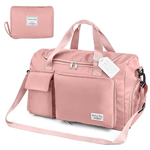 Image of Duffel Bag, Foldable Overnight Weekend Bags for Women, Lightweight Hospital Bag with Wet and Dry Separation Bag, Large Holdall/Cabin/Gym Bag for Sports and Travel - Pink