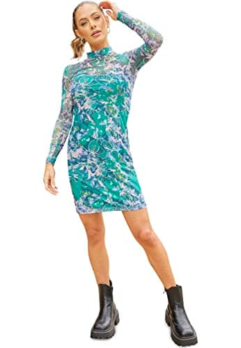 Image of Chi London Womens High Neck Long Sleeve Floral Abstract Midi Special Occasion Dress, Green, 12 UK