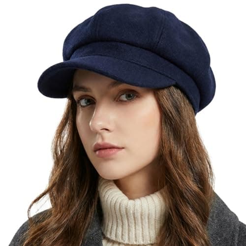 Image of howkuhat Premium Beret Newsboy Cap Women Baker Boy Hat for Women Retro Wide Brim Adjustable Solid Color Winter Warm Womens Hats Painter's Hat(UK, Alpha, One Size, Navy Blue)