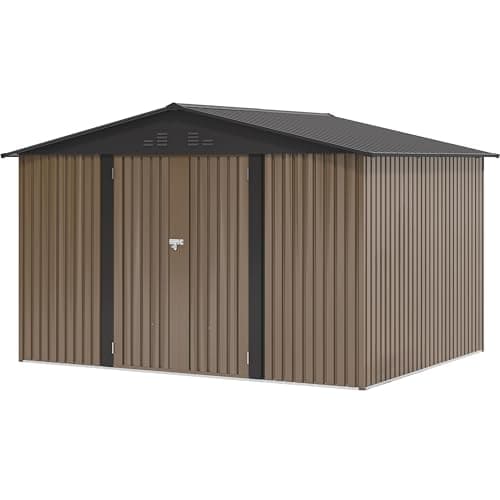 Image of YITAHOME 10 * 8FT Metal Garden Storage Shed, Galvanised Tool Shed with Double Doors, 4 Vents, Bike Waterproof Outdoor Storage for Garden Tools Patio Furniture, 279x224.5x193.5cm, Brown-Black