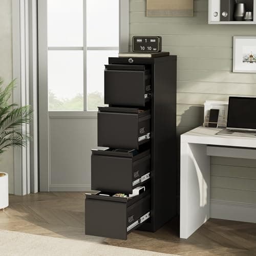Image of Crevyteg 4-Drawer Black Metal File Cabinet with Lock, Heavy Duty Vertical Filing Unit for Letter/Legal/A4/F4 Documents, Secure Office Storage, Requires Assembly, 52.4 H x 14.96 W x 17.72 D