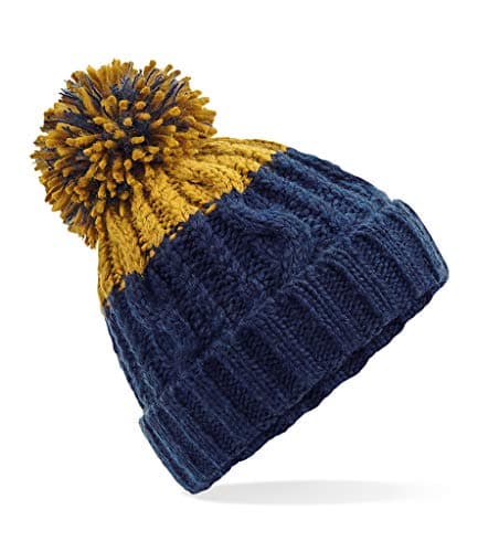 Image of ASVP Shop Corkscrew Cable Knitted Bobble Hat Plain Mens Womens Beanie Warm Winter Pom Wooly Cap (Oxford Navy/Mustard)