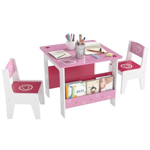 Image of AIYAPLAY Kids Table and Chair Set, Toddler Activity Table with Bookshelves, 2 Chairs, Heart Themed 3 Pieces Kids Desk Set for Classroom, Home, Nursery, Playroom, for Arts, Crafts, Reading, Pink