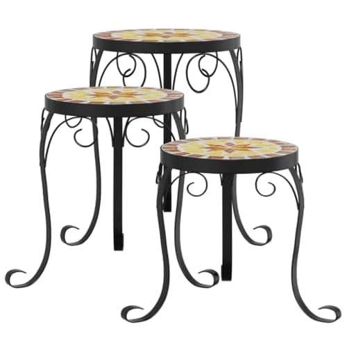Image of vidaXL 3-Piece Terracotta/White Mosaic Plant Stand Set - Durable Ceramic Top, Sturdy Iron Frame, Indoor/Outdoor Planter Tables, Home & Garden Decor