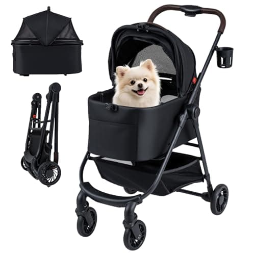 Image of Maxmass 3 in 1 Foldable Pet Stroller, 4 Wheel Dog Pushchair with Detachable Car Seat Carrier, Adjustable Canopy, Storage Basket, Cup Holder, Travel Dog Buggy Pet Pram for Small Dogs Cats (Black)