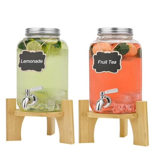 Image of 2 Pack 4L Glass Beverage Dispenser with Tap, Drink Dispensers for Parties, Glass Drink Dispenser with Stand and Stainless Steel Faucet, for Cocktails, Juice, Water, Beverages