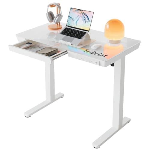 Image of HUANUO ONE PIECE Electric Standing Desk, Height Adjustable Desk with Drawer, 88 x 50cm, Sit Stand Desk with Glass top, USB Charging Ports & 3 Memory Height Settings, Warm White, Home Office
