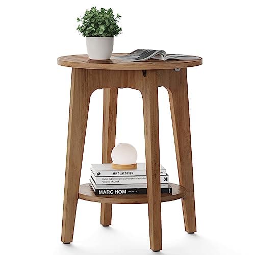 Image of VASAGLE Side Table, Coffee Table, Small Round Table for Living Room, Nightstand for Small Spaces, with Bottom Shelf, Modern Style, Honey Brown LET283T41