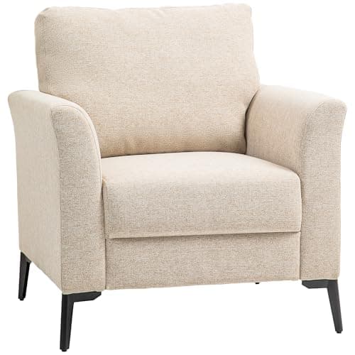 Image of HOMCOM Modern Armchair, Upholstered Linen Fabric Accent Chair with Metal Legs, Wood Frame and Thick Padded Cushion for Living Room Bedroom Office, Beige