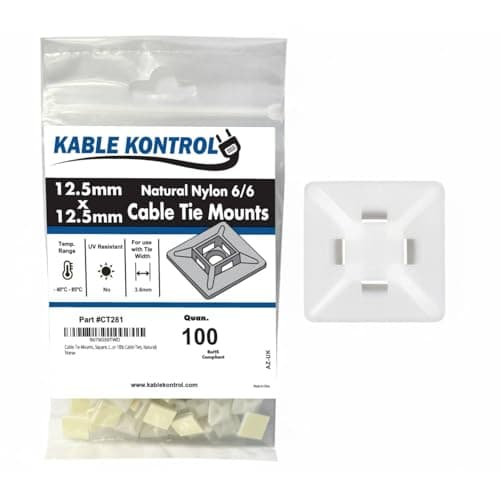 Image of Kable Kontrol White Natural Zip Tie Bases, 12.5 mm x 12.5 mm, Pack of 100 Cable Tie Adhesive Mounts Self Adhesive Mounts Multi-Purpose Zip Ties Bases, Cable Holder Sticky Pads - White Natural