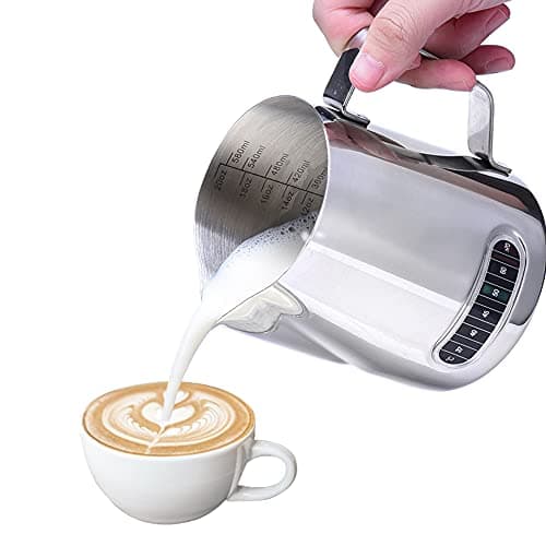 Image of Milk Frothing Jug - Dailyart 600ml/20fl.Oz. 304 Stainless Steel Milk Jug with Thermometer, Special Dripless Spout and Scale Mark, Metal Barista Milk Pitcher for Making Cappuccino Latte and Espresso