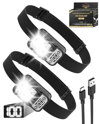 Image of Andizun Head Torch Rechargeable, Digital Display Super Bright LED Headlamp Headlight with Sensor Control & 5 Light Modes, IPX4 Waterproof, Hands-Free for Cycling Power Cuts, Emergency etc, 2 Pack