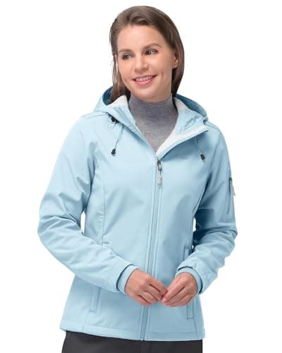 Image of 33,000ft Women's Waterproof Jacket, Ladies Lightweight Hooded Softshell Jacket Windproof Fleece Rain Jacket for Outdoor Hiking Light Blue M