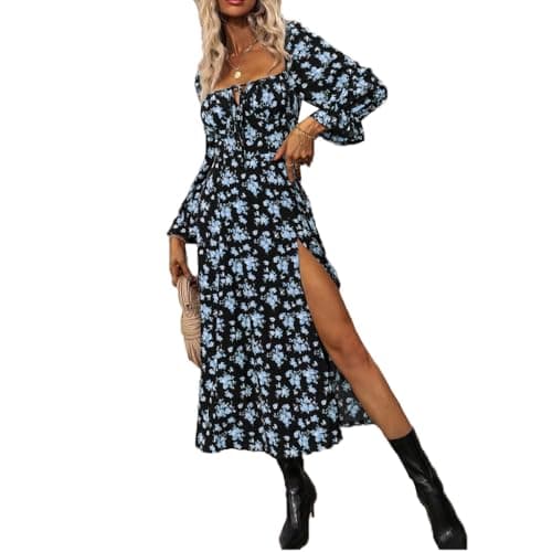 Image of fdsmall Midi Dress for Women Long Sleeves Floral Print A-Line Square Neck Tie Front Ruffle Hem Split Boho Beach Dresses (UK, Alpha, S, Regular, Regular, Blue)