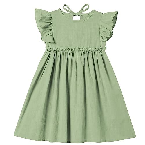 Image of Csbks Toddler Baby Girls' Cotton-Linen Sundress with Ruffle Halter Sleeveless and Swing Dress Sage Green 130