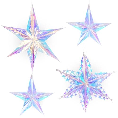 Image of 4PCS Iridescent Star and Snowflake Hanging Ornaments Ceiling Decorations for Christmas Birthday Frozen Theme Party Holiday Celebration