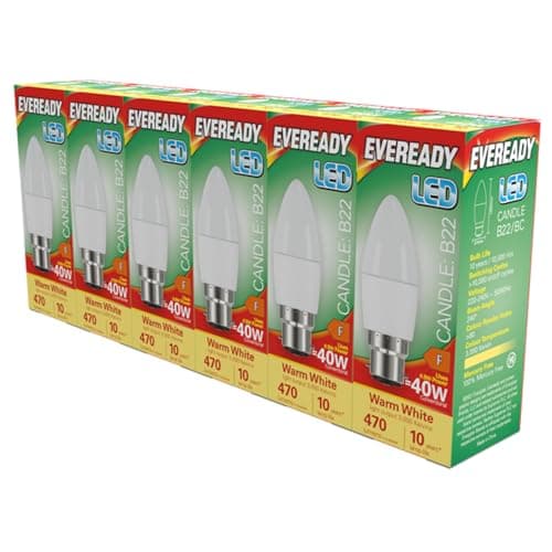 Image of Eveready LED B22 Candle Bulb 4.9W Replaces 40W Warm White (3000k) 470 Lumens Non-Dimmable Light Bulb. 6 Pack.