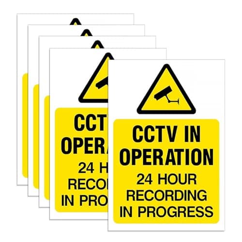 Image of 5 PCS CCTV Camera Warning Sign Stickers, CCTV in Operation Sign, CCTV Camera Security Self Adhesive Reverse Window Sticker Signs for Indoor/Outdoor Use(10cm x 7.5cm, Yellow & Black)