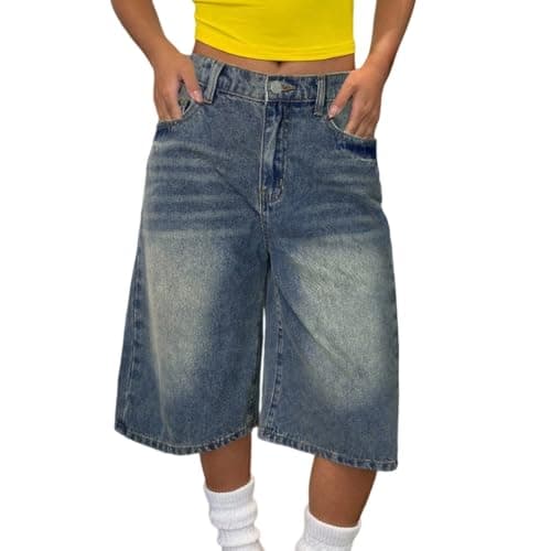 Image of Girls Cropped Jeans Baggy Denim Jorts Y2k Wide Leg Jean Teens Barrel Boyfriend Jorts Kids Summer Streetwear Vintage Trendy Clothes (Blue, 13-14 Years)