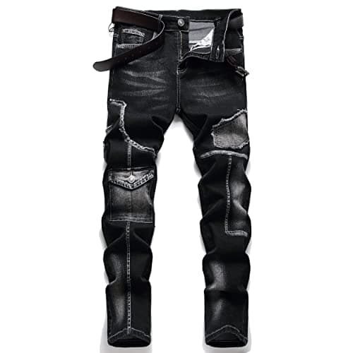 Image of XIMXIMMTIAN Men's Biker Moto Washed Distressed Slim Fit Straight Jeans Denim, 2130 Black, 38