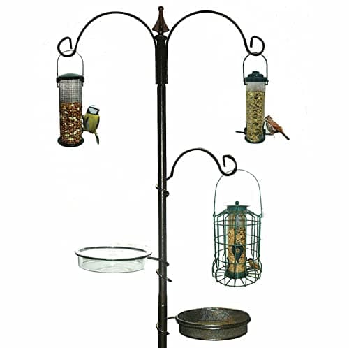 Image of Unibos Bird Feeding Station with Water Dish & Seed Tray, Metal Hanging Bird Feeder Pole with 3 Hooks, Heavy Duty Garden Feeding Stand for Wild Birds, Outdoor Weatherproof Bird Feeder Station