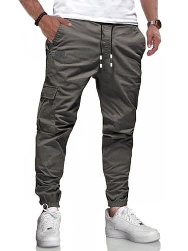 Image of LIUPMWE Joggers for Men Cotton Casual Mens Work Trousers Tracksuit Elastic Cargo Pants Waist with Drawstring Pockets Sweatpants,M,Grey-02