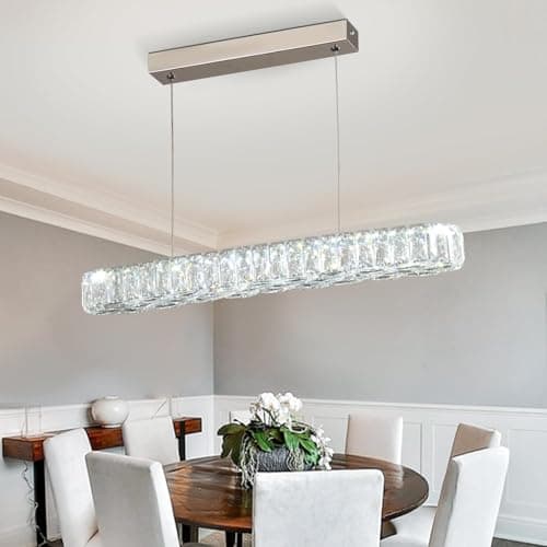 Image of Crystal Modern Crystal Pendant Light, 54.4cm Linear LED Chandelier for Kitchen Island & Dining Table, Height Adjustable Hanging Ceiling Light, K9 Crystal & Stainless Steel, Cool White 6500K, 25W