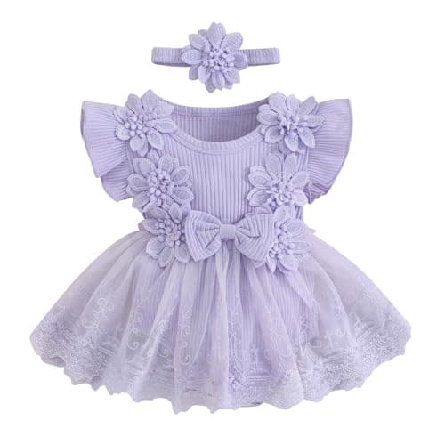Image of Edhomenn Baby Girl Romper Dress Bow Print Puff Short Sleeve Jumpsuit with Cute Headband Set Casual Newborn Girls Clothes 2 Piece Outfits (03 Purple, 3-6 Months)