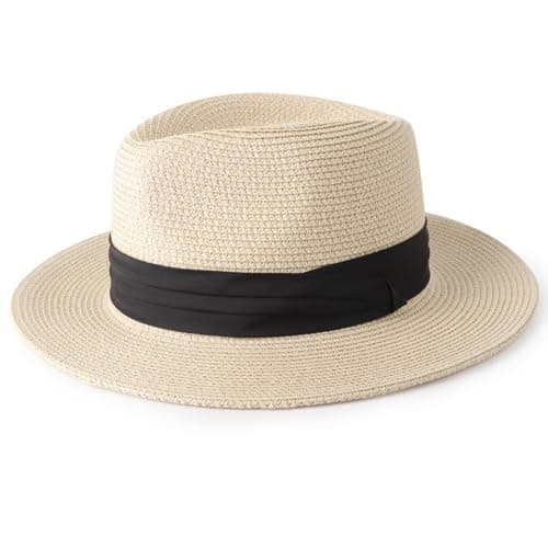 Image of DRESHOW Women Straw Panama Fedora Beach Sun Hat - Wide Brim Straw Roll Up Hat UPF 50+