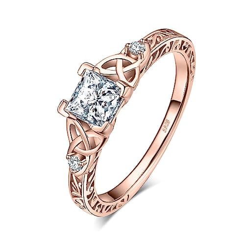 Image of JewelryPalace Vintage Celtic Knot Princess Cut 1.2ct Cubic Zirconia Solitaire Engagement Rings for Women, 14k Rose Gold Plated 925 Sterling Silver Promise Rings, Simulated Diamond Ring Size 5.5