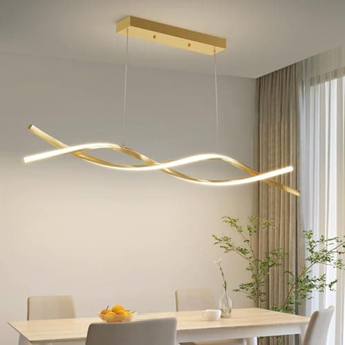 Image of Mikeru 120cm Modern Wave Pendant Light, Gold Kitchen Island Lights Dimmable 10% to 100% Height Adjustable Chandelier 3000K/4500K/6000K 3 Color Change with Memory Function for Restaurant