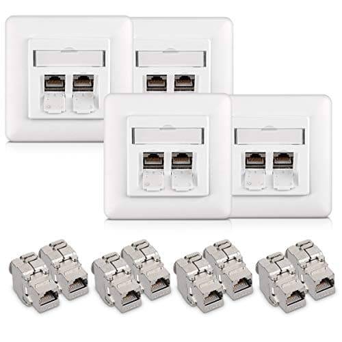 Image of kwmobile Keystone Module Kit - Includes (8) CAT6A Shielded Keystone Jack RJ45 Ethernet Module 10G + (4) 2-Port Wall Plate and Shielded Metal Housing