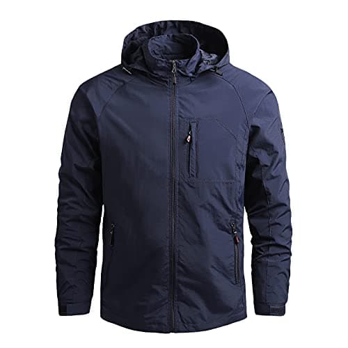 Image of Waterproof Jacket Mens Lightweight Full Zip Windbreaker Outdoor Raincoat Detachable Hooded Softshell Rain Jacket Windproof Military Outerwear for Travelling Camping Running Hiking Navy 3XL