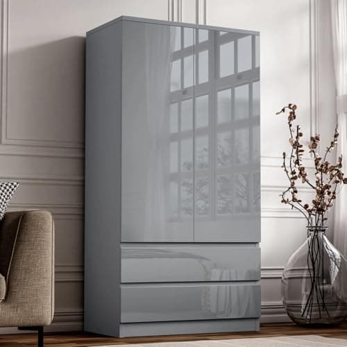 Image of Blisswood High Gloss Wardrobe with 2 Drawers – Grey 2 Door Wooden Bedroom Wardrobe with Hanging Rail | Modern Double Clothes Organiser Cupboard Unit for Bedroom Furniture