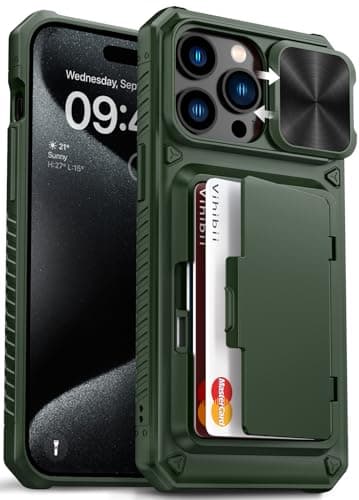 Image of Vihibii for iPhone 15 Pro Max Case with Card Holder (4 Cards) & Slide Camera Cover & Kickstand, Military Grade Drop Protection, Rugged Hard Back & Silicone Edge Wallet Phone Case, 6.7" 2023, Green