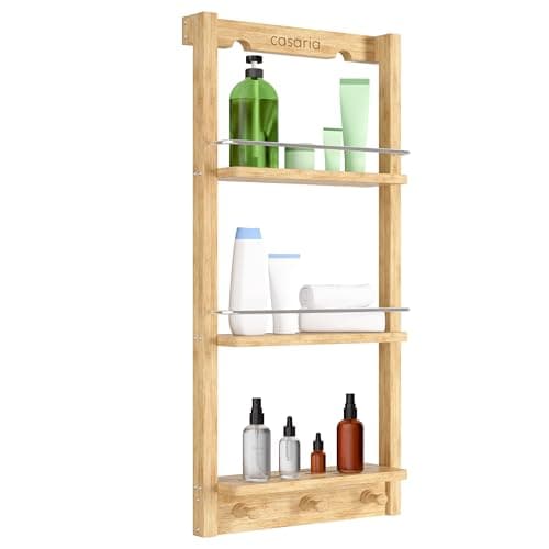 Image of CASARIA Shower Rack Shelf | Bamboo | Hanging | 3 Tier | Hooks | 70x28.5x10cm | Bathroom | Kitchen | Spice Wood Organiser | Hand Towel - Stylish and Functional Storage Solution