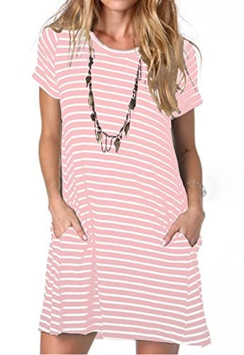 Image of Ancapelion Women's Casual Pink Striped T Shirt Dresses Short Sleeve Loose Mini Tunic Dress for Ladies