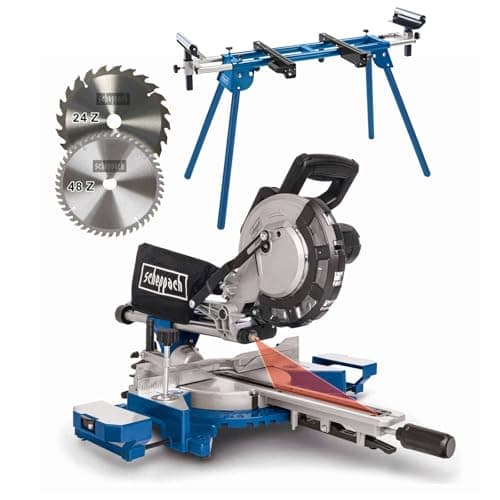 Image of Scheppach HM216L 8” Sliding Mitre Saw + UMF1600 Universal Tool Stand | 216mm Blade | 2000W | 45° Bevel 340mm Cross Cut | Wood & DIY Workshop | 2 TCT Blades 24T/48T